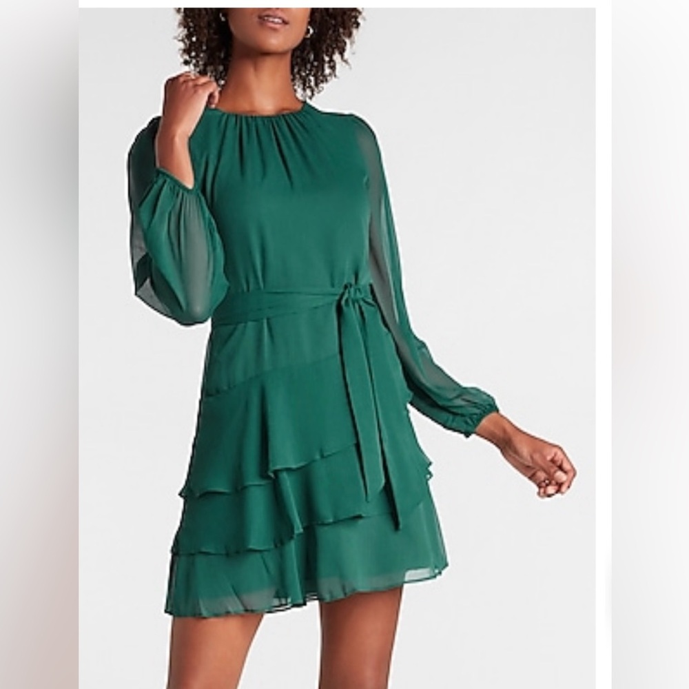 EXPRESS Long Sleeve Tie Waist Tiered Ruffle Fit And Flare Dress Small Green